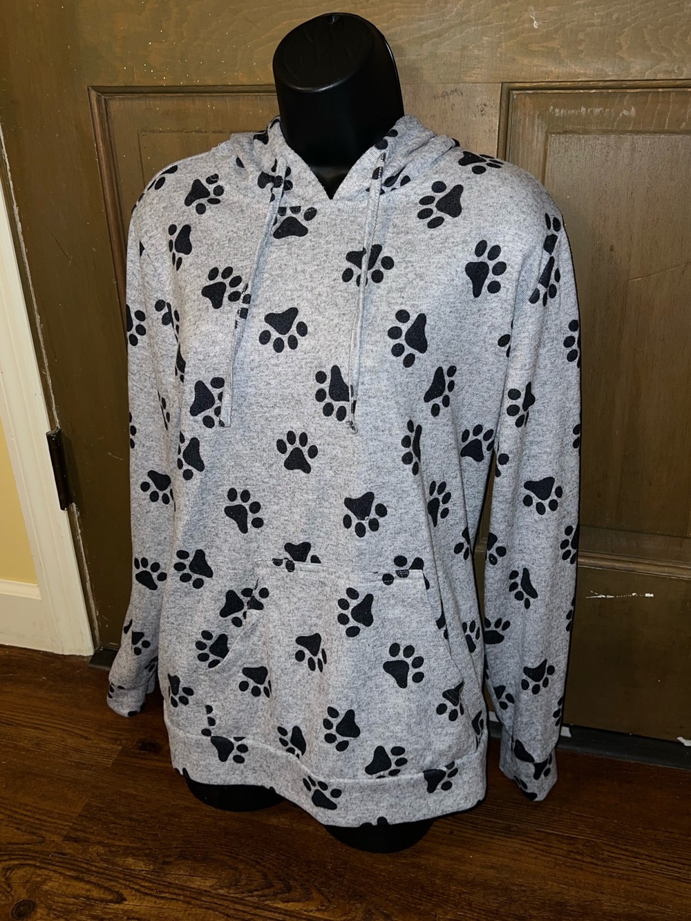 LA Soul Gray & Black Paw Print Long Sleeve Hooded Pullover Sweatshirt Size L - Picture 5 of 9